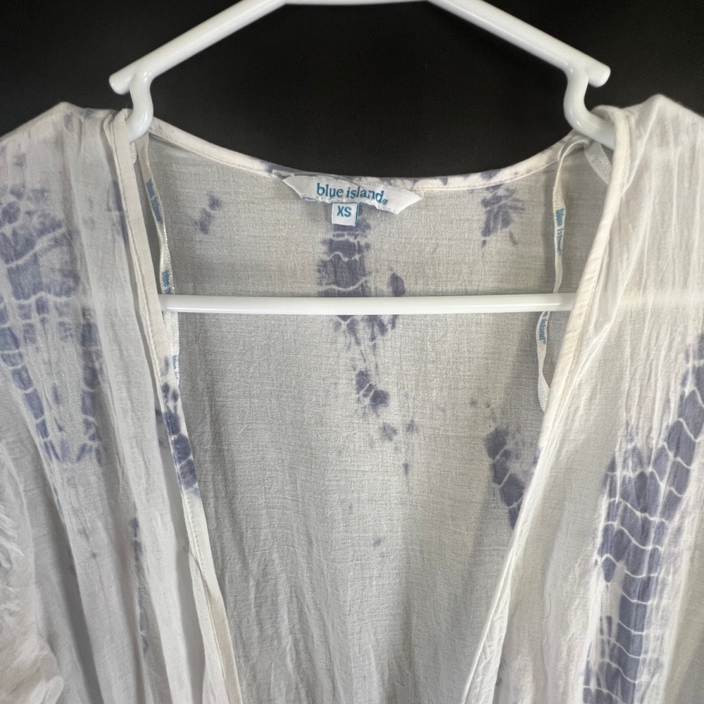Blue Island Tie Dye Eyelet Mini Dress Womens XS White Blue Tassel Boho Beach - Picture 2 of 8